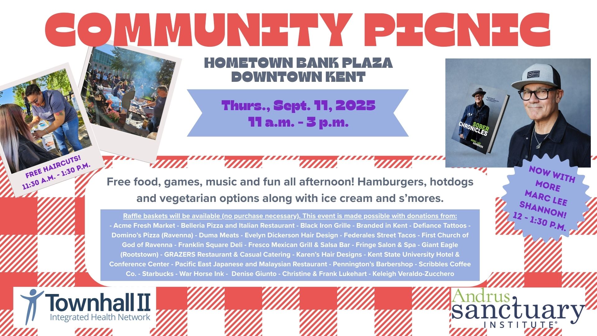 Townhall 2 Community Picnic is Thursday, September 11 from 11 a.m. to 3 p.m. Free food, games, music and fun all afternoon. Free haircuts 11:30 a.m. to 1:30 p.m. Marc Lee Shannon, author of Sober Chronicles, performs noon to 1:30 p.m.